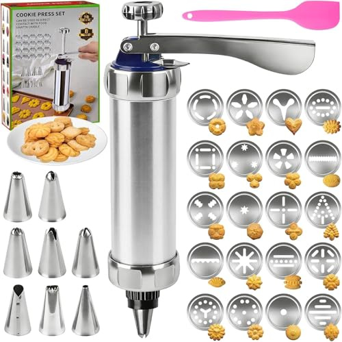YIYICO Gebäckpresse für Spritzgebäck Presse Kekspresse Edelstahl | Keksmaschine Teigspritze Gebäckspritze mit 20 Schablonen 8 Spritztülle für Kuchen Dessert DIY Maker Cookie Presse