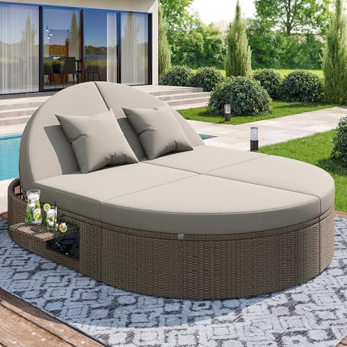 Xwiny Gartenliege mit Verstellbare Rückenlehne, Rattan Doppel-Liege mit Klapptisch, Sonnenliege Doppelliege 2 Personen, Alle Kissen Inklusive