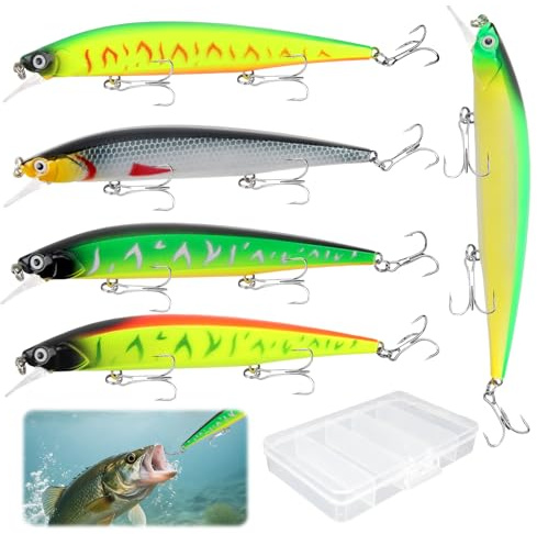 CYIOU 5 Spinnfischen Hecht Köder 14cm Drillinge Köderfische für Wolfsbarsch | Farbe Swimbait Angelköder mit 1 Kasten Drillinge Jerkbait Lieblingsköder für Zander Forellen Süß und Salzwasser Raubfisch