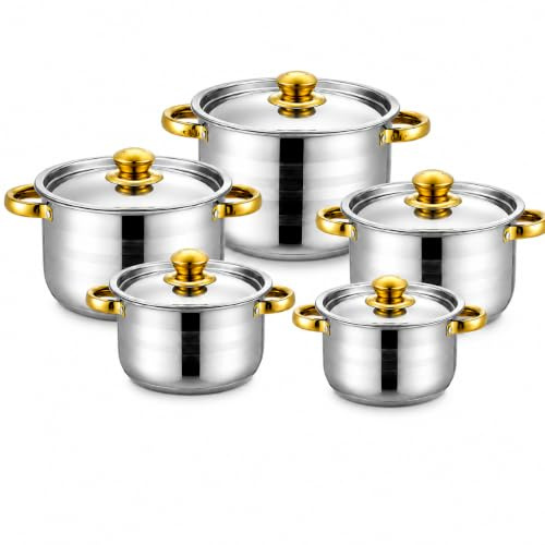 Set di 5 pentole per induzione e tutti i tipi di fornelli, pentole in acciaio INOX con coperchi, set di pentole a induzione non rivestite, adatto a tutti i tipi di fornelli, design a doppio manico