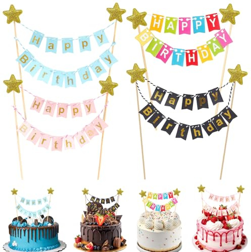 4 Stück Cake Topper Banner, Mini Wimpelkette Happy Birthday, Kuchendeko für Geburtstag, Tortendeko Girlande, Kuchen Dekoration Set für Geburtstagsfeier, Mehrfarbig