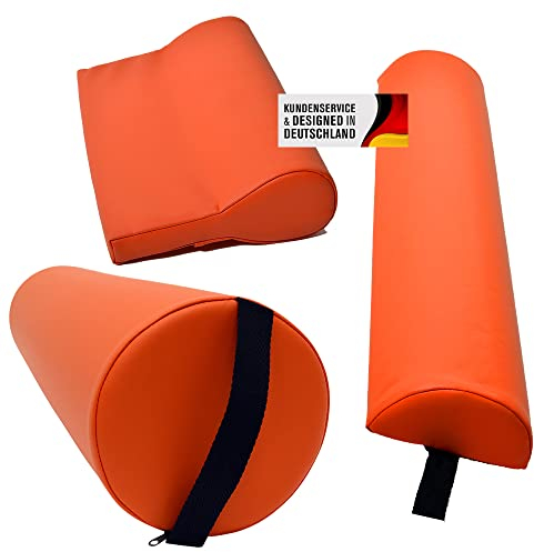 Promafit Massagezubehör Set 3 bestehend aus 1x Vollrolle Knierolle mit Griff 1x Lagerungsrolle Halbrolle und 1x Nackenkissen Kopfstütze für die Massageliege wasserabweisend (Orange)