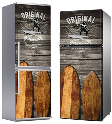 Vinilo Adhesivo Decorativo para Nevera, Especial Libre De Burbujas, The Original Surf Con Fondo De Madera Vintage (200cm x 70cm)