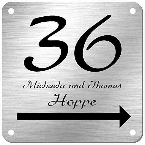 Edelstahl Hausnummer Namensschild Hinweisschild mit Pfeil und individueller Laser-Gravur * Modell 36 (200 mm x 200 mm)