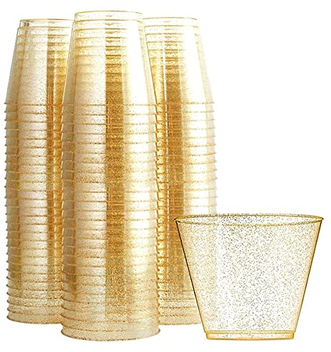 Balems 50 Pack Gold Glitter Plastic Cups 9oz / 270ml Clear Plastic Cups Multi-Use Plastic Party Cups with Gold Glitter Silver for Cocktails Drinks Desserts Wedding Party Camping Picnic Supplies