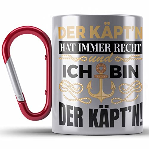 Trendation - Kapitän Edelstahl Tasse Karabiner Geschenk Käptn Lustiger Spruch Bootsfahrer Sportboot Herren Segler Segeln Motoboot (Rot)