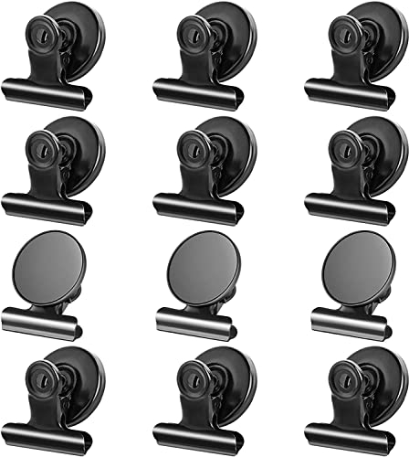 Grtard 12 Stück Schwarz Magnetische Clips, Starke Kühlschrankmagnet Clips mit Kratzfesten Klebepads, Whiteboard Magnete für Magnettafel, Magnetische Metall Klammer, Starke Magnete Clip für Kühlschrank