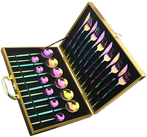 24 stücke 304 Edelstahl Geschirr Set Regenbogen Geschirr Set Gabel Messer Löffel Teelöffel Besteck Set mit Geschenkbox Silberwaren essgeschirr (Color : Gold Box)