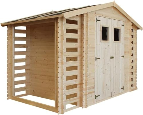 Holzhaus Gartenhaus mit Brennholzschuppen TIMBELA M391 - Gartenschuppen Holz B328xL206xH218 cm/ 3,53 + 0,97 + 0,97 m2 Lagerschuppen für Garten - Fahrrad Schuppen - Wasserfestes Dach