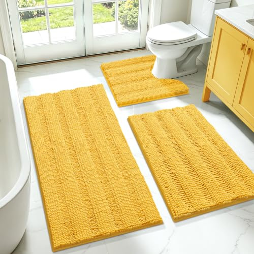 ACCUMTEK Gestreiftes gelbes Badezimmerteppich-Set, 3-teilig, ultraweich, rutschfest, Chenille, WC-Vorleger, saugfähiger Plüsch, zottelige Badematten für Badezimmer, Schlafzimmer, Küche