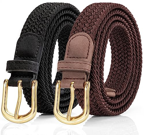 Alphyly Neries 2 Pack Women's Woven Elastic Belt, Brown and Black, Braided Stretch Belt, Fits Waist Size 35-40