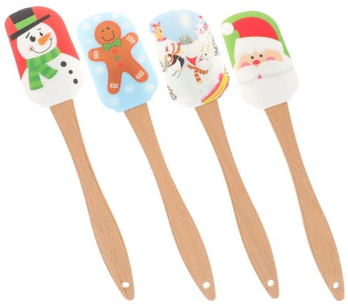 MAGICLULU 4 Pièces Spatules De Noël en Silicone 9. 82 Pouces Ensemble De Spatules en Caoutchouc avec Manche Bois Petite Cuillère Vrac pour La Cuisson Mélangeant Les Outils Cuisson