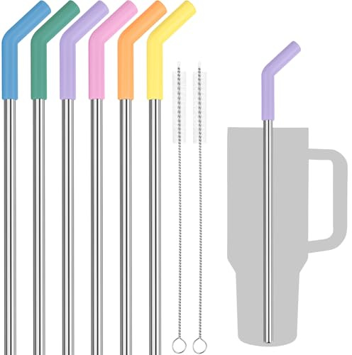 Tomorotec Strohhalme Edelstahl für Stanley 40oz, 6Stk 30cm Silikonspitzen | 6 Bunte Silikonverlängerungen und 2 Reinigungsbürsten im Set BPA-Frei Lebensmittelecht für Party Picknick und Camping