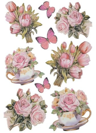 Ideen mit Herz - Feuille d'autocollants - 3D - En relief - Gaufrage de qualité supérieure avec effet 3D - Images de fenêtre - Scrapbooking - Feuille DIN A4 avec de nombreux motifs (fleurs en tasse 8)