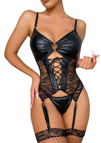Satohom Womens Lingerie Faux Leather Lace Bodysuit, 3 Pieces Sexy V Neck Backless Patent Corset with Garter Belt and G-String, Wet Look Erotic Babydoll Party Nightwear Clubwear Plus Size Black