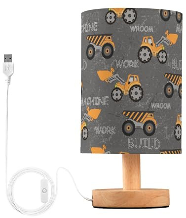 YYZZH Table Lamp Construction Car Truck Excavator Nightstand Lamp with Wood Base Fabric Lamp Shade Bedside Desk Lamp for Living Room Bedroom Kids Room Office