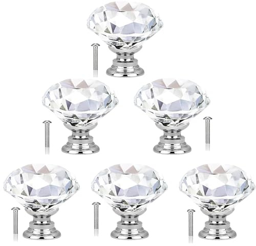 HRLORK 6 Pcs Cabinet Knobs 30mm Crystal Glass Cabinet Door Knobs with Screws Diamond Shaped Cupboard Dresser Wardrobe Drawer Pull Handles for Decorating Wardrobe Home and Office