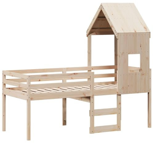 vidaXL Hochbett, Kinderbett mit Dach Leiter Sperrholzlatten, Spielbett für Kinderzimmer, Bett Holzbett Einzelbett, 90x200cm Massivholz Kiefer