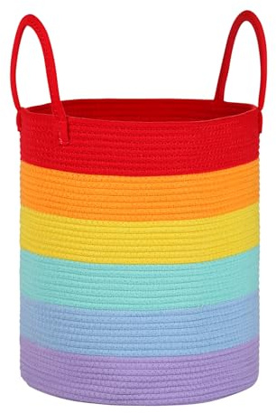 Univivi New Laundry Basket, 40L Foldable Blanket Baskets, Rainbow | Woven Storage Basket, Sturdy Handle, Large Toy Storage Basket, For Kids Baby Nursery, 35x40cm, Cotton Baby Storage Basket