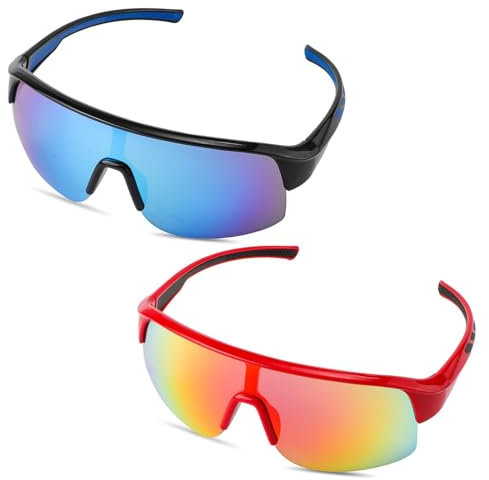 XIHIRCD 2 Paires Lunettes de Soleil pour Enfant, Lunettes de Soleil Polarisées Lunettes Soleil Cyclisme pour Activités de Plein Air Baseball pour Jeunes Softball Golf Garçons Filles (Rouge + Bleu)