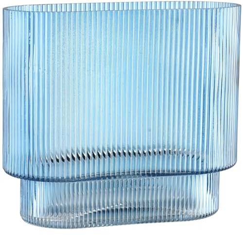 KAYLETIN Ribbad vas för blommor, blå glasvaser för tulpaner, modern blomvas, räfflade glasvaser för födelsedagar, bröllop, inflyttningsfester, årsdagar, förlovningar, 18 cm