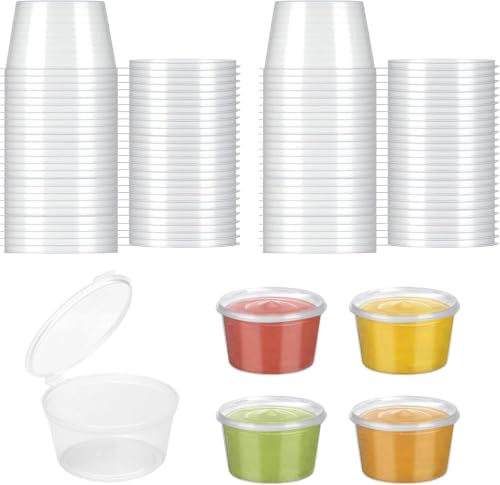 Miayical 50 Stück Plastikbecher mit Deckel 25ml – Auslaufsichere PP-Aufbewahrungsdosen für Saucen, Dips & Gewürze | Lebensmittelecht, Mikrowellen- & Kühlschrankgeeignet, Wiederverwendbar