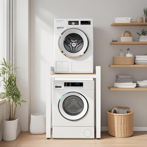 FKKPRVAX Portable Stacking Kit For Tumble Dryers, Floor Standing Washer-Dryer Rack With Shelves, Height Adjustable, Storage Rack For Tumble Dryers And Dishwashers, Load Capacity 800 Kg (White)