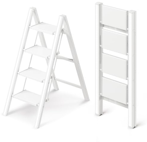 GameGem 4 Step Ladder, Folding Step Stool with Anti-Slip Wide Pedal, Aluminum Material Lightweight yet Sturdy, 150KG Load, Cute Modern Apperance for Indoor Household Spaces, White