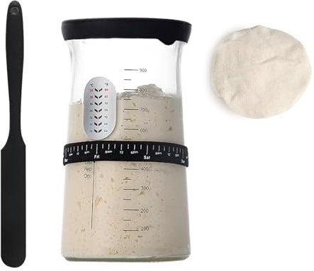 Sourdough Starter Jar Kit 1200ML Reusable Wide Mouth Sourdough Jar for Fermentation Sourdough Starter Container with Silicone Lid & Scraper, Date Marked Feeding Band, Cloth Cover, Thermometer Band