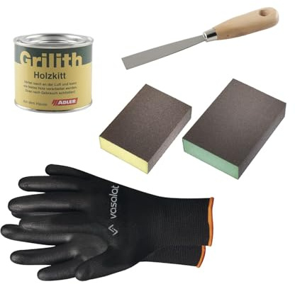 Grilith Holzkitt - Reparaturpaste Spachtelmasse, ideal zur Holzreparatur mit Schleifblöcke K220 & K320 und Spachtel, Kiefer 200ml