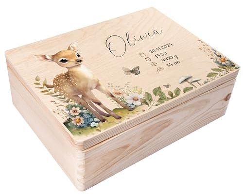 Creative Deco Erinnerungsbox Baby Personalisiert mit Namen Reh 40x30x14 cm | Individuelle Erinnerungskiste Geschenk zur Geburt für Mädchen und Jungen | Holzkiste mit Deckel | Farbdruck