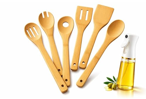 Cuillere en Bois, Spray d'huile - Facile à nettoyer et Résistant à la chaleur, Anti-rayures, Ustensiles de Cuisine en Bois/Lot complet avec vaporisateur d'huile pour poele