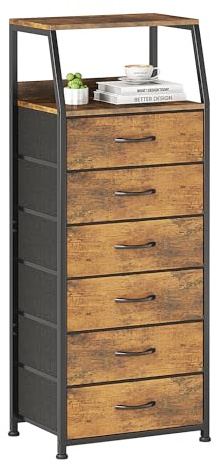 Kommode, Schrank, Aufbewahrungsschrank mit 6 Schubladen aus Stoff, Hoch und Schmal 2-Tier Holzplatte Stoffkommode, Metallrahmen, Industrieller Stil für Schlafzimmer, Wohnzimmer, Flur, Rustikales Braun