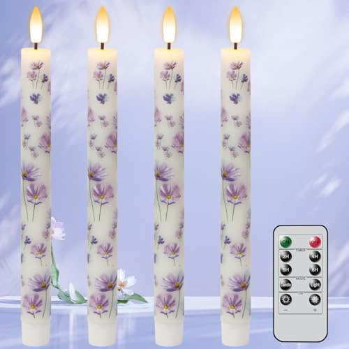Eldnacele Lila Blumen Flammenlose Stabkerzen mit Timerfunktion & Fernbedienung, 3D Docht, Flackernd, LED Stabkerzen Batteriebetrieben für Feste, Tisch & Weihnachtsdeko