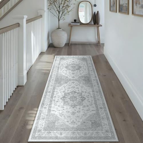PureCozy Vintage Grauer Teppich Flur Läufer 60x180cm Teppichläufer Boho Waschbarer Carpet Weich rutschfest Lang Teppiche Küche Schlafzimmer Bettvorleger Büro Kurzflor Tepich