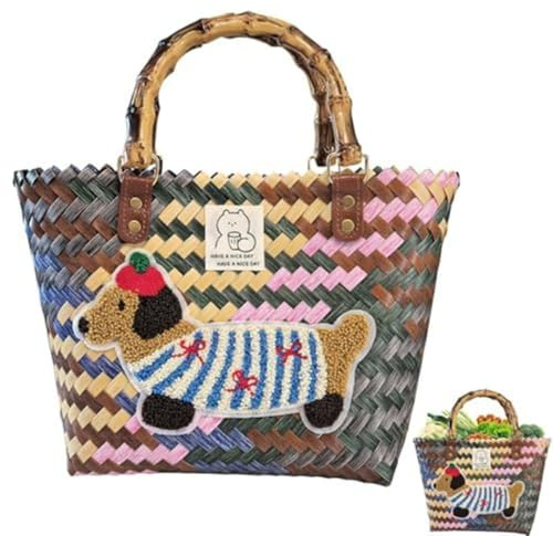 Damen Einkaufskorb Geflochten mit Henkel Wasserdicht Strandtasche Vintage mit Henkel Muster Korb Einkaufen Handtasche für Reisen Outdoor Picknick Einkaufen (A-Mittel-30cm)