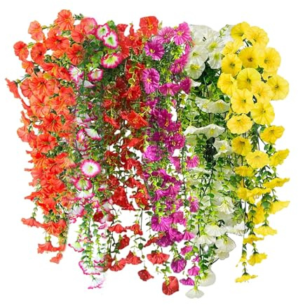 YMTWSRY 6 Pcs Artificial Hanging Plants, Multicolor Fake Hanging Flowers UV-Resistant Morning Glory Flower Trailing Plant for Wall Home Garden Yard Patio Wedding Decoration