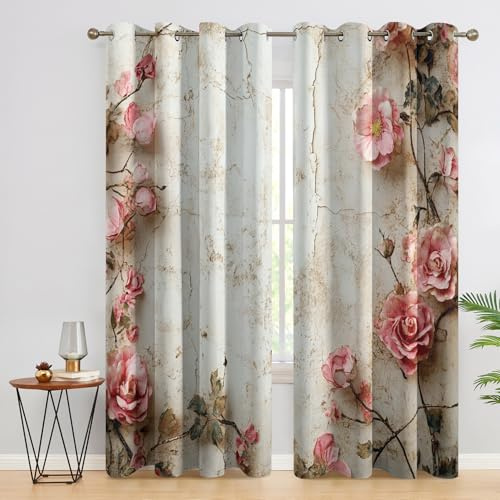 Generisch Rose Vorhänge Wohnzimmer, Verdunklungsvorhänge Shabby Blumen mit Ösen, Vorhang Blickdicht mit Muster, Gardinen für Wohnzimmer Deko 2er Set, H 137 X B 117 cm B-G16
