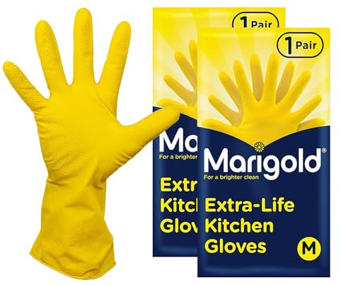 Pack of 2 Marigold Extra-Life Kitchen Gloves - Medium, Triple Layer Rubber Gloves with Cotton Lining, Roll-Top Cuffs & Anti-Slip Grip - Ideal for Durable Household Cleaning & Washing-Up