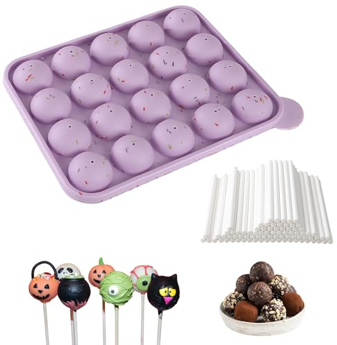 RQcMid Cake Pop Form, Cake Pop Set Mit 41 Teilen, Silikon Backform Für cake Pops, 20 Kugelformen, 40 Papierstäbchen, Lila Backzubehör