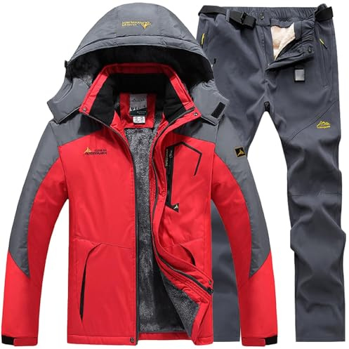 Skianzug Herren 2 Teilig Set Ski Anzug Snowboard Jacke und Ski Hosen Skijacke mit Kapuze Thermoanzug Skianzüge Schneeanzug Warm Skioverall Wasserdichte Skibekleidung Männer Winter Skifahren Outfit