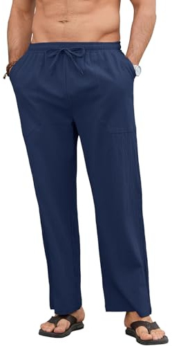 Aisprts Pantalon Lino Hombre Pantalones de Verano Ligero Corte Holgado con Cintura Elástica y Cordón, con Bolsillos, para Playa, Vacaciones y Uso Diario, Azul Marino, XXL