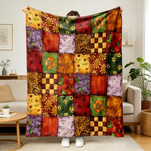 Kuschelige Flanelldecke mit Folkloristischen Blumenmustern, Flauschig Patchworkdecke, Weich Sofadecke, Dicke Decke Winter für Bett/Couch, Warm & Dekorativ(F,150 * 200cm)