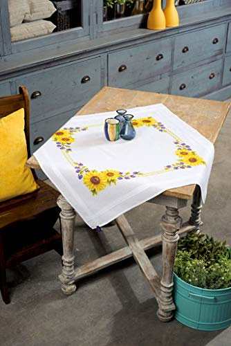 VERVACO Kreuzstich Stickpackungen Tischdecke Sonnenblumen Stickdecken Vorgezeichnet Basteln Erwachsene Kreativ Set Vorgedruckte Decke Sticken 80 x 80 cm Stickset DIY Sticken Set