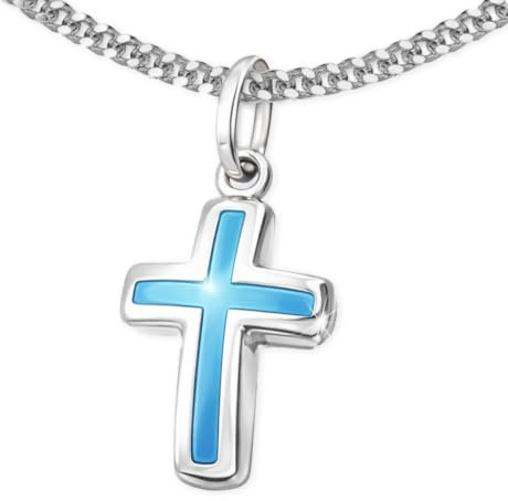 CLEVER SCHMUCK Kreuzkette für Jungen Silber 12 mm hellblau lackiert & Panzerkette 38 cm Sterling Silber 925 Taufgeschenk im Etui