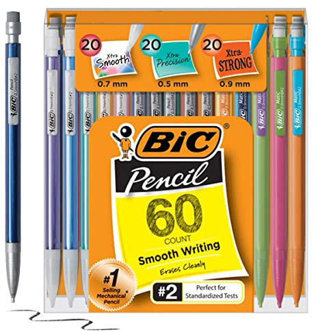 BIC Mechanical Pencil Variety Pack, Number 2 Mechanical Pencils With Erasers, Fine Point (0.5mm), Medium Point (0.7mm) and Thick Point (0.9mm), 60 Count, Bulk Mechanical Pencils for School or Work