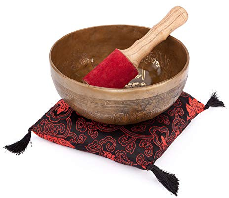 Bodhi Tibetische Klangschale Ø 19 cm | Singing Bowl mit Tara Gravur | Handgefertigtes Klangschalen Set inkl. Kissen & Klöppel | Ideales spirituelles Geschenk | Meditationszubehör aus Bronze