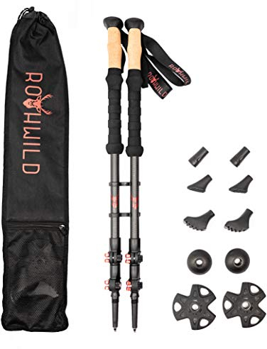 Rothwild Wanderstöcke, Modell Steinbock, Trekkingstöcke aus Carbon mit Kork-Griff, für Damen und Herren, Länge 105-135cm Schwarz