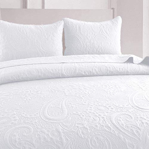 HaraDeco Colcha 100% Microfibra 250x260cm para Cama Matrimonio 150- Cubrecama Multiuso con 2 Fundas de Almohada, Extra Suave y Transpirable, para Todas Las Estaciones - Estampado Floral Blanco