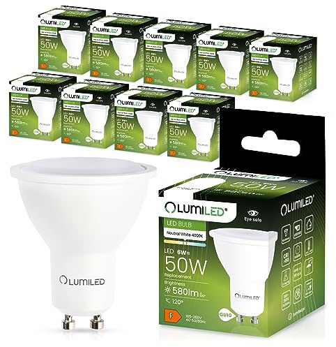 Lumiled GU10 LED, 6W 580 Lumen Leuchtmittel, 4000K neutralweiß Birne Lampe Strahler Spot, ersetzt 50W Halogenlampen, 120° Grad Strahlwinkel Reflektorlampen Reflektor 10 Stück Energiesparlampen